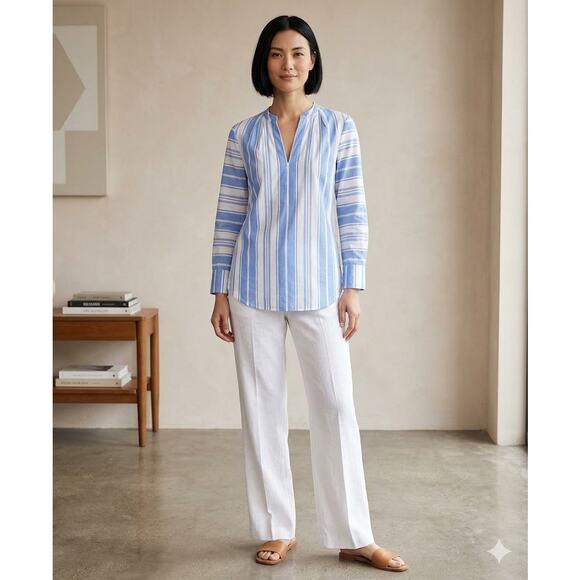 J. Crew Factory Tops - J‎ Crew Top Womens Stripped V Neck Long Sleeve White Blue Shirt Size Medium